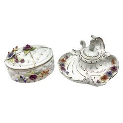 Late 20th century Von Schierholz Germany desk stand with ink well, and lidded oval box, both with encrusted flowers and gilding, with stamped marks beneath, desk stand L16cm
