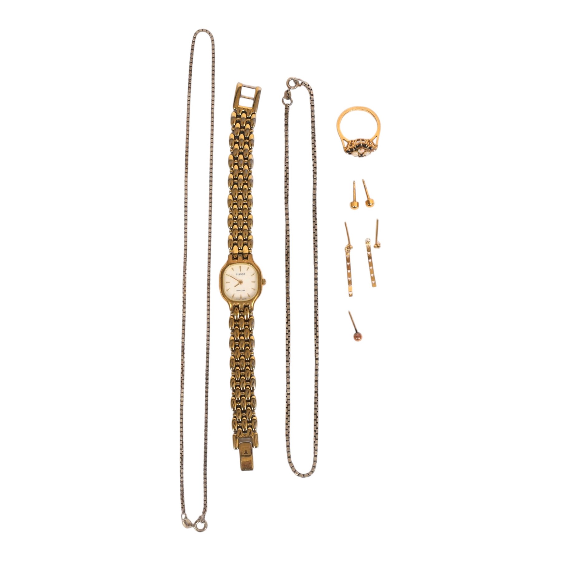 9ct gold jewellery including opal sapphire ring, pair of heart earrings, single earring, two silver necklaces, pair of gilt studs and Tissot watch