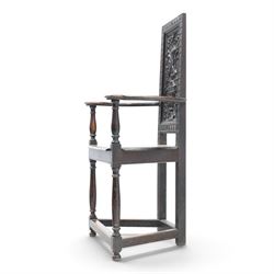 17th design century carved oak hall chair, carved back with urn and foliate details, shaped seat and arms, raised on turned supports united by stretchers