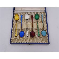 Set of six Danish silver-gilt guilloche enamel coffee spoons, stamped Denmark Sterling, with Birmingham import marks for SJ Rose and Son, in fitted case
