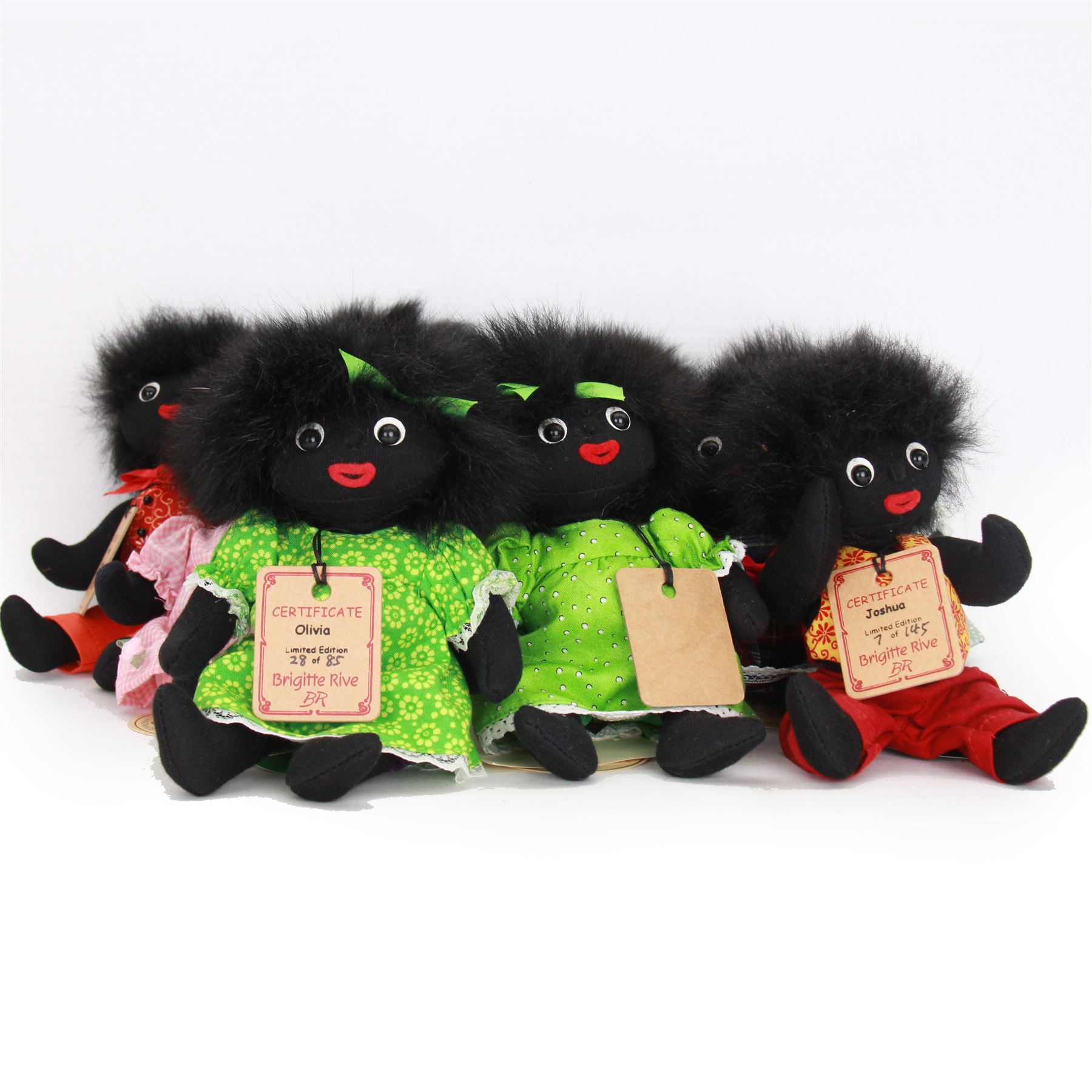 Seventeen limited edition Golly dolls by Brigitte and Robin Rive, including Jewel, Olivia, Oscar, Charlotte, Ashley etc, all in colourful outfits with certificate tag 