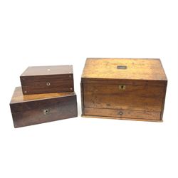 A Victorian oak slope top correspondence box with draw base, H26.5cm, together with a Victorian burr walnut box with vacant mother of pearl plaque to the hinged cover, H12cm L29.5cm D21.5cm, and a further smaller jewellery box with inlaid mother of pearl detail and escutcheon. 