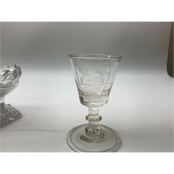 18th century drinking glass, the drawn funnel bowl upon a double series opaque twist stem and conical foot, H17cm, together with an 18th century dram glass, the bucket bowl crudely engraved with heraldic style shield, upon a knoped stem and folded circular foot, H9.5cm, and two open salts, one of navette form