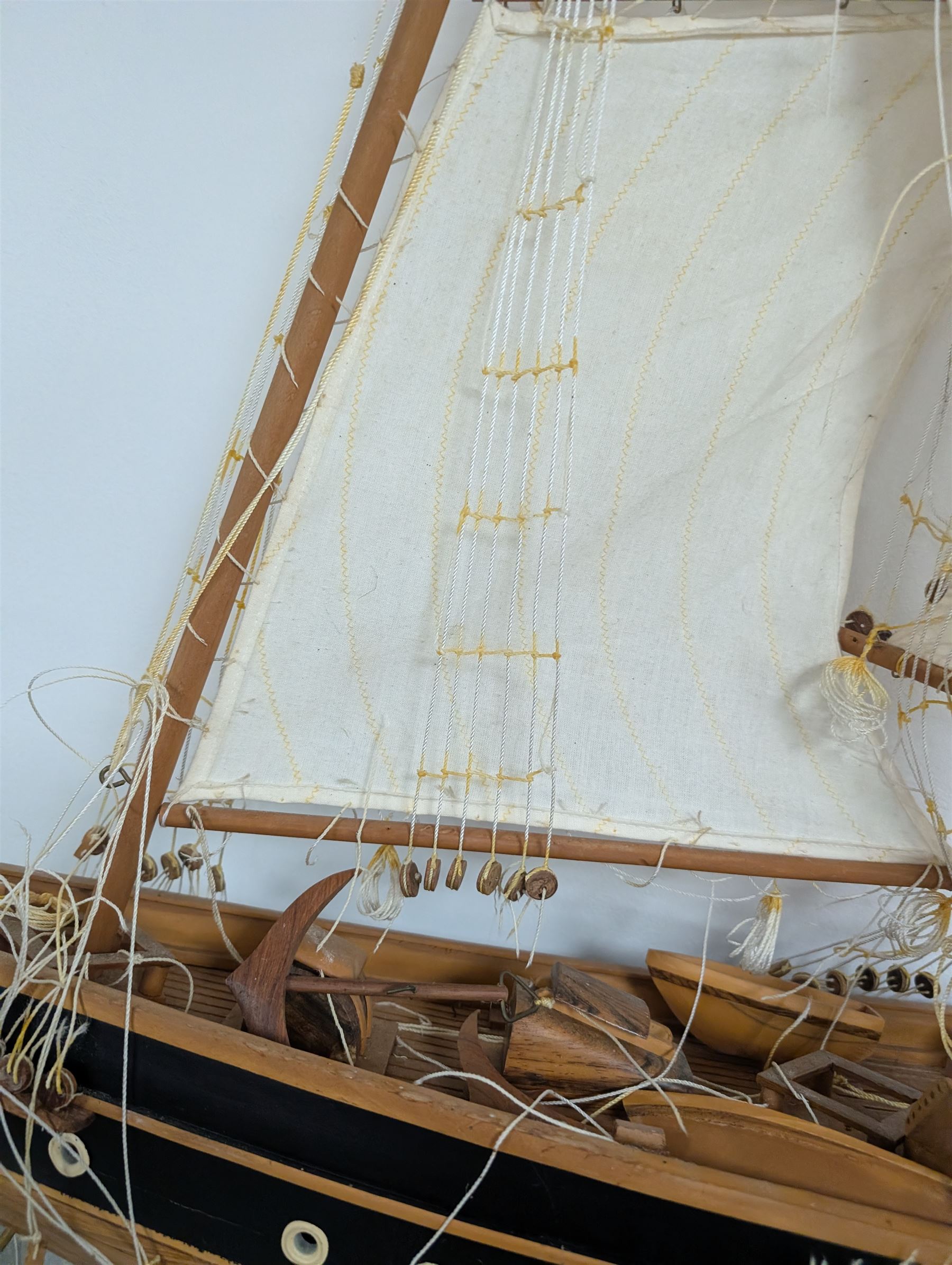 Large wooden model ship of a three-masted schooner, H117cm, W163cm, with stand