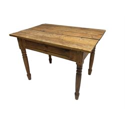 Traditional pine side table, rectangular top over single drawer, raised on turned supports