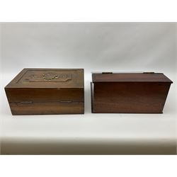 20th century oak writing slope with ornate brass escutcheon, the front engraved ‘S A H’ and the hinged lid decorated with engraved flowers lifting to reveal compartmented interior, for restoration, and another mahogany writing box