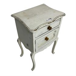 Pair of rustic French design bedside lamp tables, each fitted with two drawers, on cabriole supports