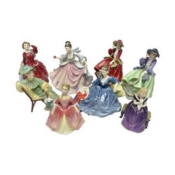 Eight Royal Doulton figures, including Ascot HN2356, Rebecca HN2805, Top o the Hill HN1833 etc