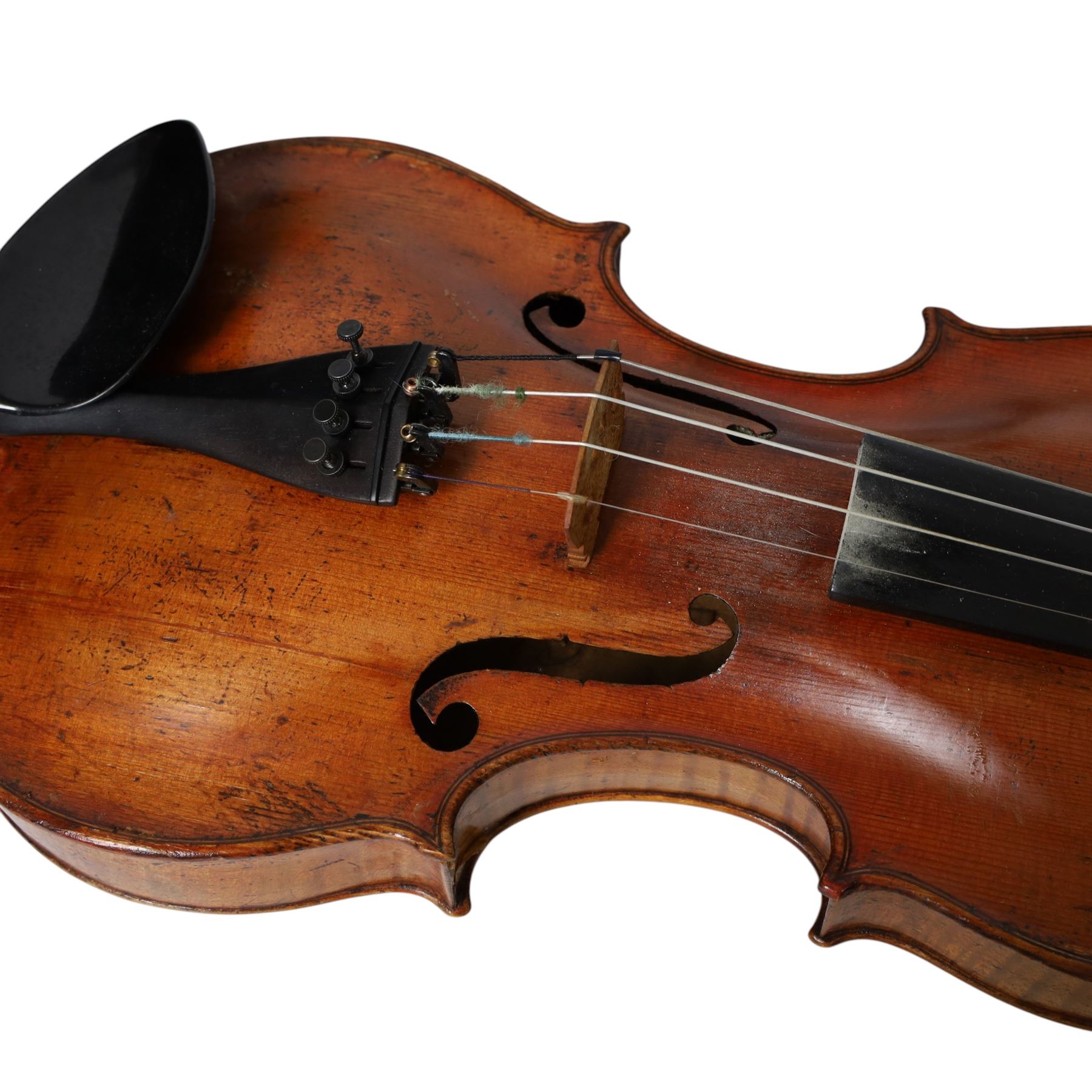 19th century violin, with Georg Kloz label to the interior, with bow contained within a modern fitted case, back length L14inches