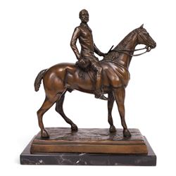 After Joseph Edgar Boehm, bronze Huntsman on horseback, upon a marble base, H40cm