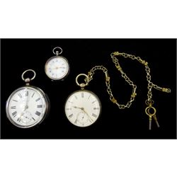 Victorian silver open face key wound lever pocket watch by Thomas Donkin, Scarborough, No. 18157, case by Charles Harris, Birmingham 1893, smaller silver pocket watch by George Cooper, Scarborough, No. 1836, on gilt watch chain, both with white enamel dials and subsidiary seconds dials and a silver fob watch