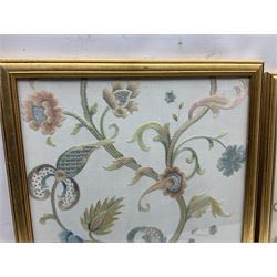 Two 1940's floral crewelwork embroideries, each within a gilt frame, H61cm, D56cm