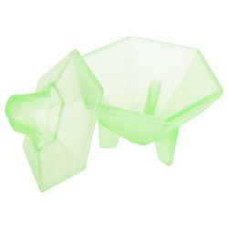 Art Deco uranium glass dressing table jar and cover, of hexagonal form with pharaoh finial, upon three tapering glass legs, H13cm