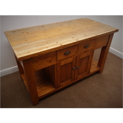  Solid pine kitchen island fitted with six drawers and four cupboards, on square supports, 153cm x 76cm, H90cm  