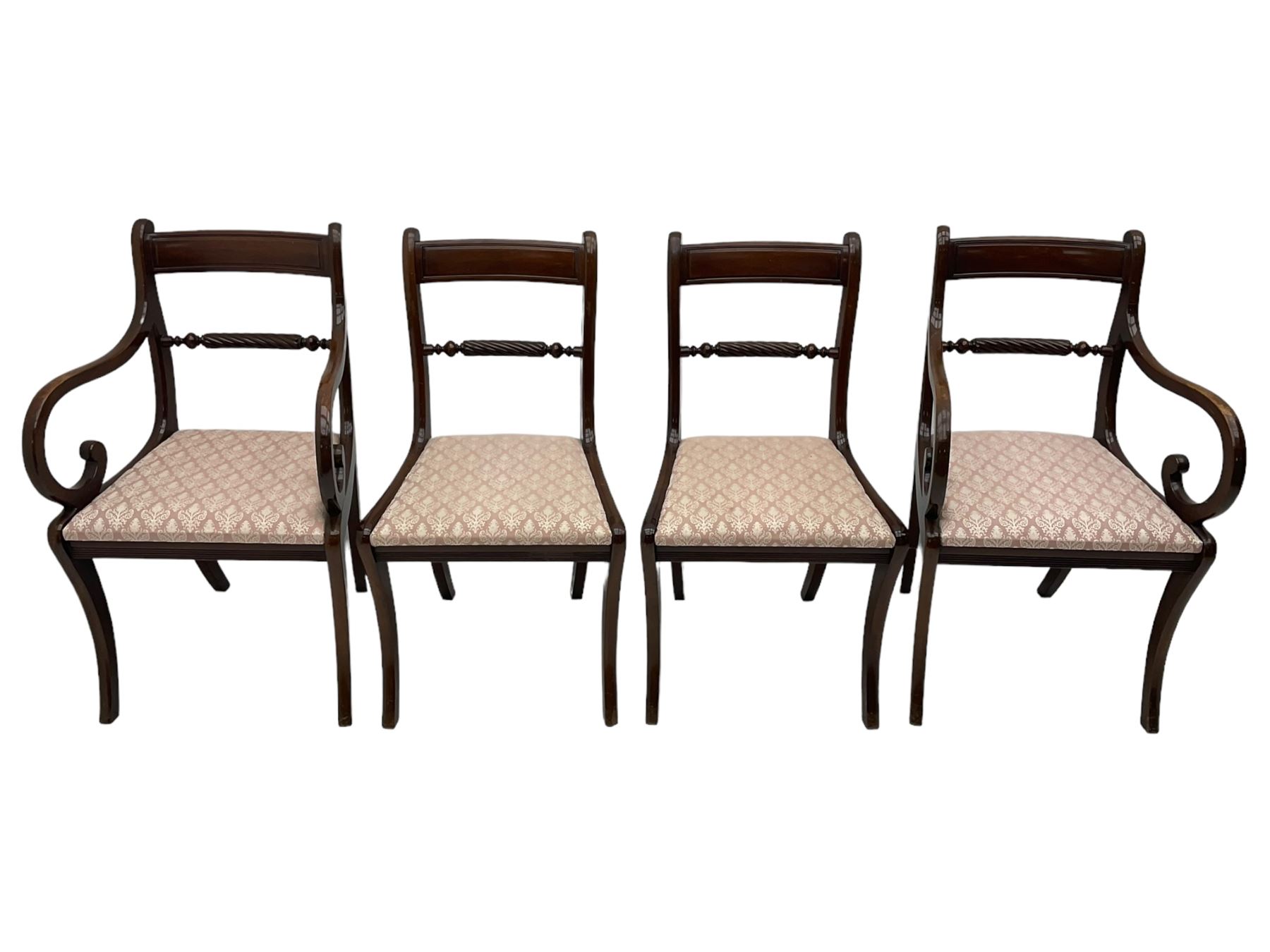 Regency design mahogany extending dining table, rectangular top with extending canted corners, pull-out action with additional leaf (84cm x 136cm - 182cm, H76cm); set of eight Regency design mahogany dining chairs with rope twist rails