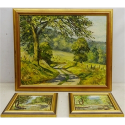  Ken Johnson (British 20th century): 'Country Lane Lowdales Nr Hackness', 'The Esk at Beckhole' and 'The Esk at Grisedale', three oils on board signed, titled verso max 45cm x 55cm (3)  