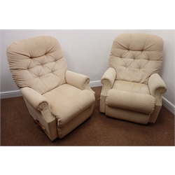  Pair La-Z-Boy manual reclining armchairs upholstered in beige diamond pattern fabric, W85cm  