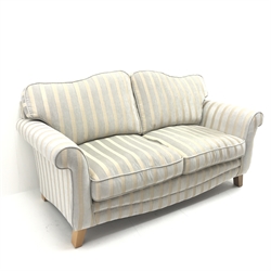 Two seat sofa scrolled arms, tapering square supports, upholstered silver and gold striped fabric, W194cm  