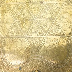 Middle Eastern brass tray, decorated with panels of Maharajas, bordered with repeating patterns, symbols and script, D39cm 