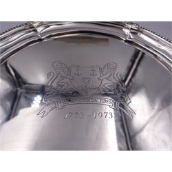 Modern silver waiter, of circular form with engraved crest to centre and dates 1773-1973 and beaded rim, upon three paw feet, hallmarked Nathan & Co, Birmingham 1973, D15.5cm, contained within a fitted presentation box, approximate silver weight 6.83 ozt (212.4 grams)