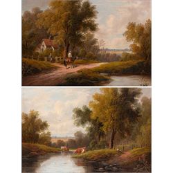 Etty Horton (British exh. 1892-1905): Rural Scenes with Figures and Cattle Watering, pair oils on canvas signed 39cm x 59cm (2)