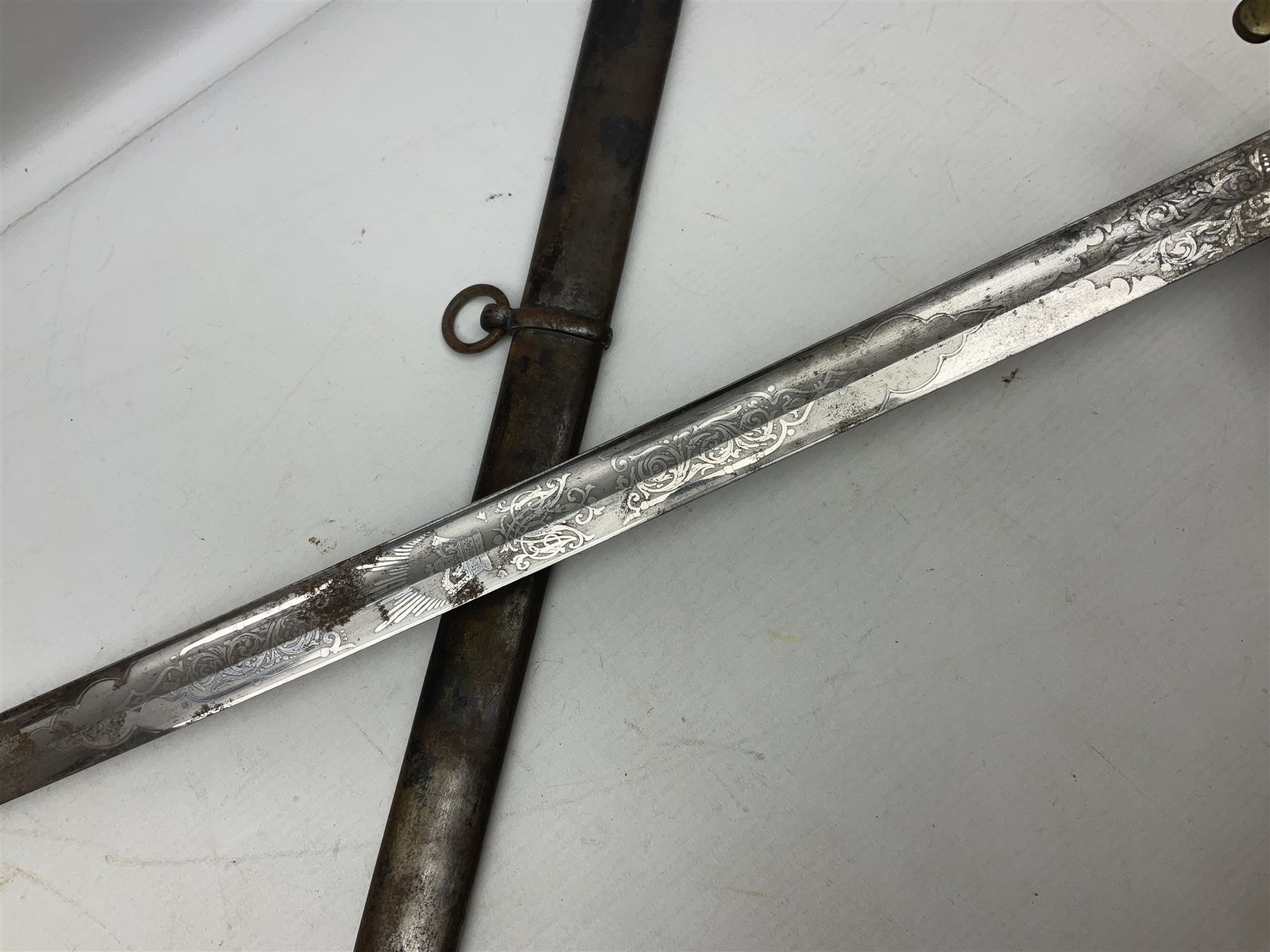 Victorian British Army officer's sword by Hobson & Sons Little Windmill Street London, the 82cm fullered steel blade etched with crowned Victoria cypher and 'HM 1st West York R.V.', lined gilded brass three-bar hilt incorporating Victoria cypher and wire-bound fish skin grip with plaited knot; in steel scabbard with two hanging rings L99cm overall