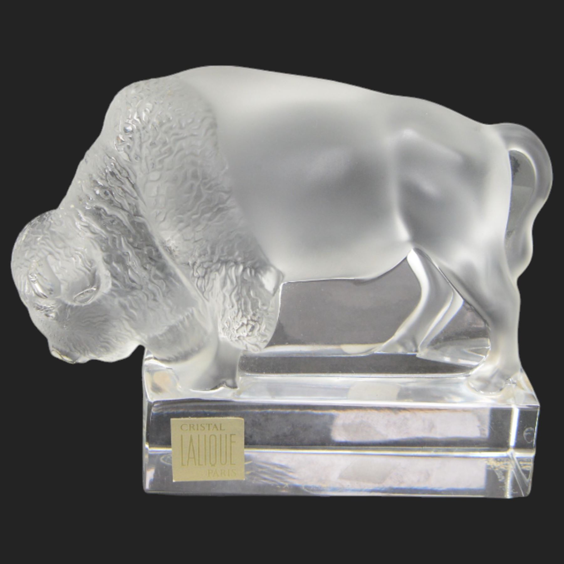 Lalique Buffalo frosted glass paperweight with clear base, signed to base, H10cm 