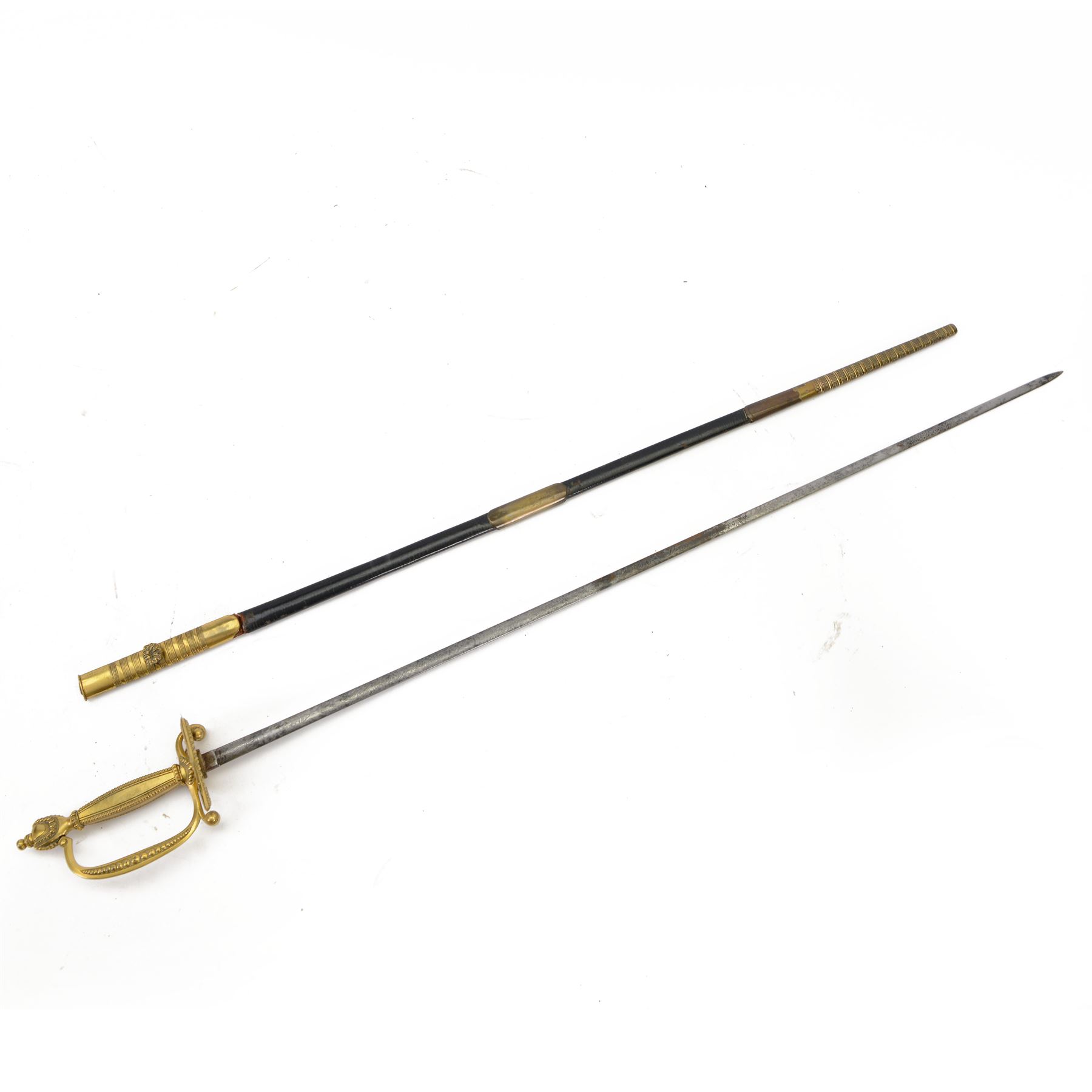 Victorian court sword, with etched blade signed 'Anderson St James's London', gilt brass hilt and black leather scabbard with gilt brass mounts