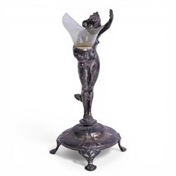 Art Nouveau pewter centre piece, modelled as a female figure upon a circular base raised  on four whiplash feet (a/f),  H28cm 