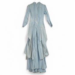 Victorian ladies button-down bodice and skirt, in blue and white striped fabric with pleated detailing, the skirt with gathered bustle back