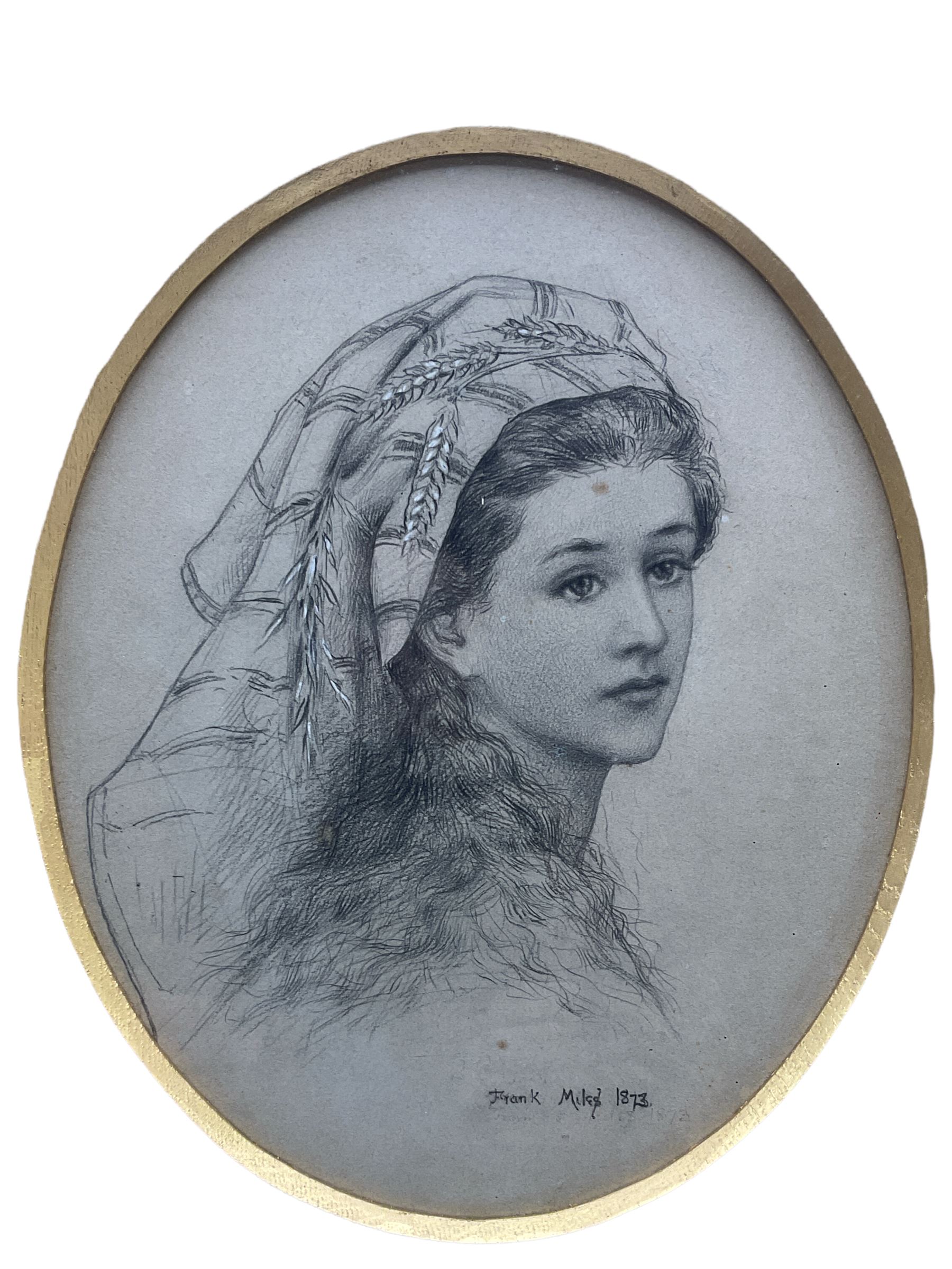 By and After Frank Miles (British 1852-1891): 'Ruth' Oval Head and Shoulders Portrait of a Girl with Wheat in Her Hair, 19th century embellished print 28cm x 23cm
Notes: Frank Miles was in the circle of Oscar Wilde and predominately painted attractive society ladies, notably Lillie Langtry