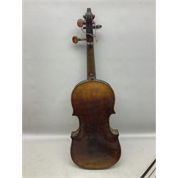 Incomplete amateur made violin c1880 for restoration and completion with 36.5cm one-piece maple back and ribs and spruce top L59.5cm; together with two brazilwood violin bows and pernambuco cello bow, all with nickel mounts (4)