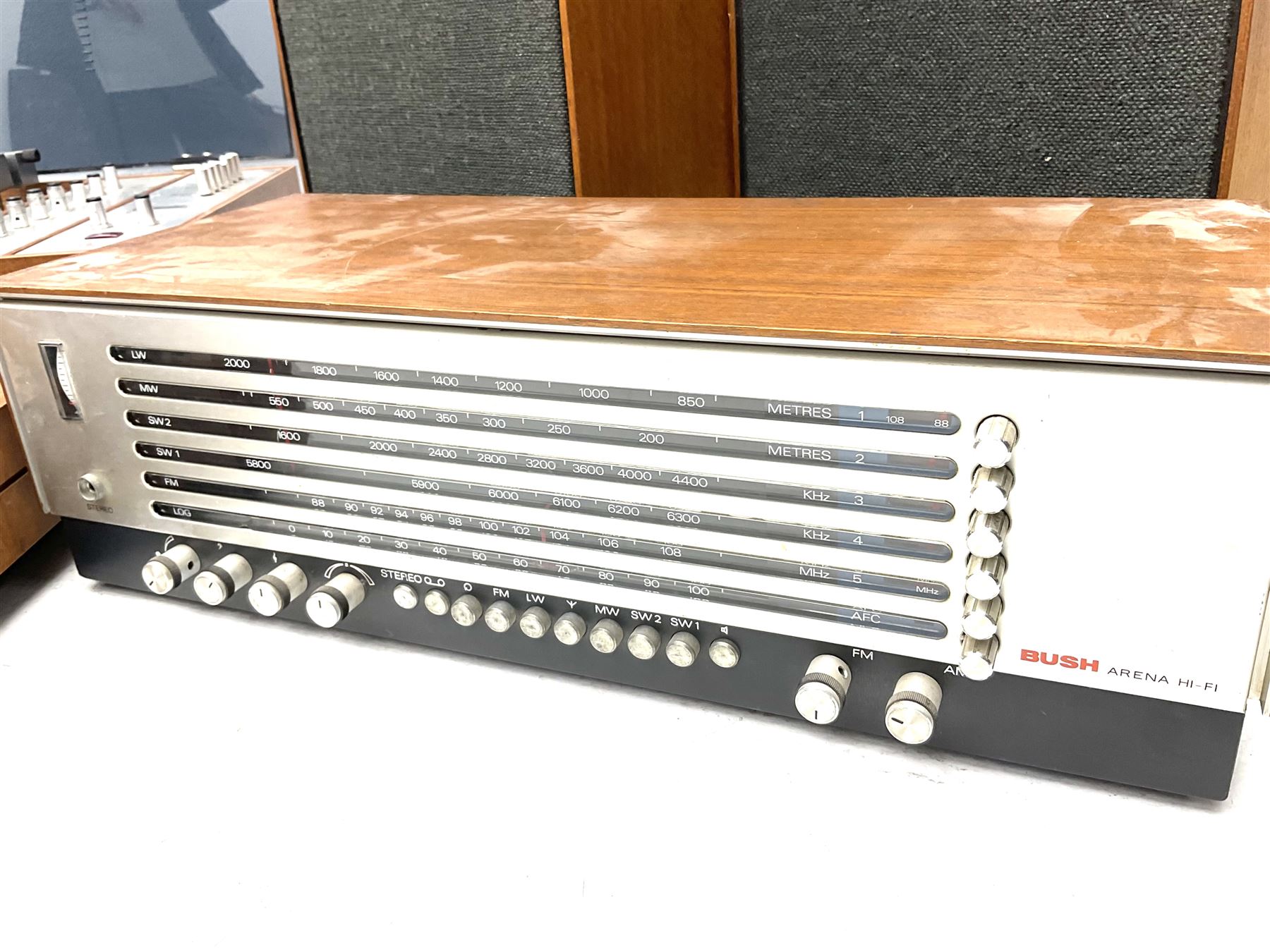 BUSH 'Arena' stereo system, in teak casing - two speakers, radio receiver TA2800, tuner amp TA2700, turntable with amp and tuner RTA 2000 - all untested