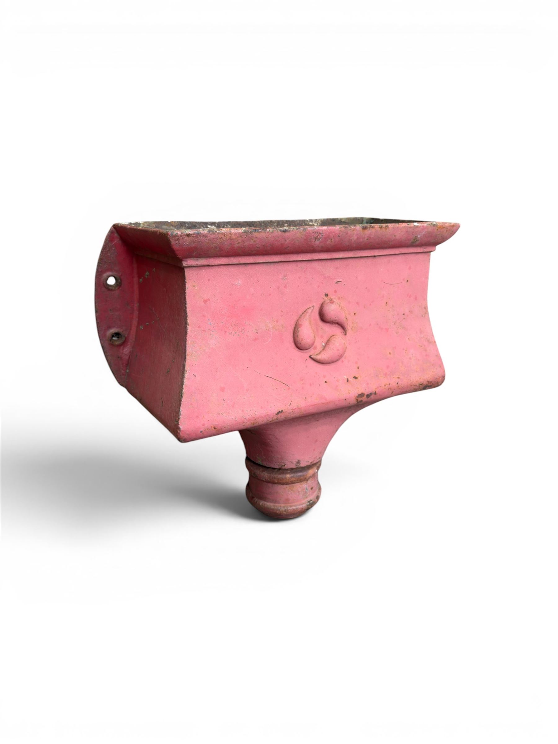 Edwardian heavy cast iron rainwater hopper, with water motif, painted in pale red finish