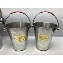Stainless steel Laurent-Perrier champagne bucket, with engraved brass plaque and grip to swing handle, together with three matching smaller, largest D38cm (4)