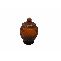 19th century Peking amber bamboo moulded glass jar and cover, with seal mark beneath, H11.5cm