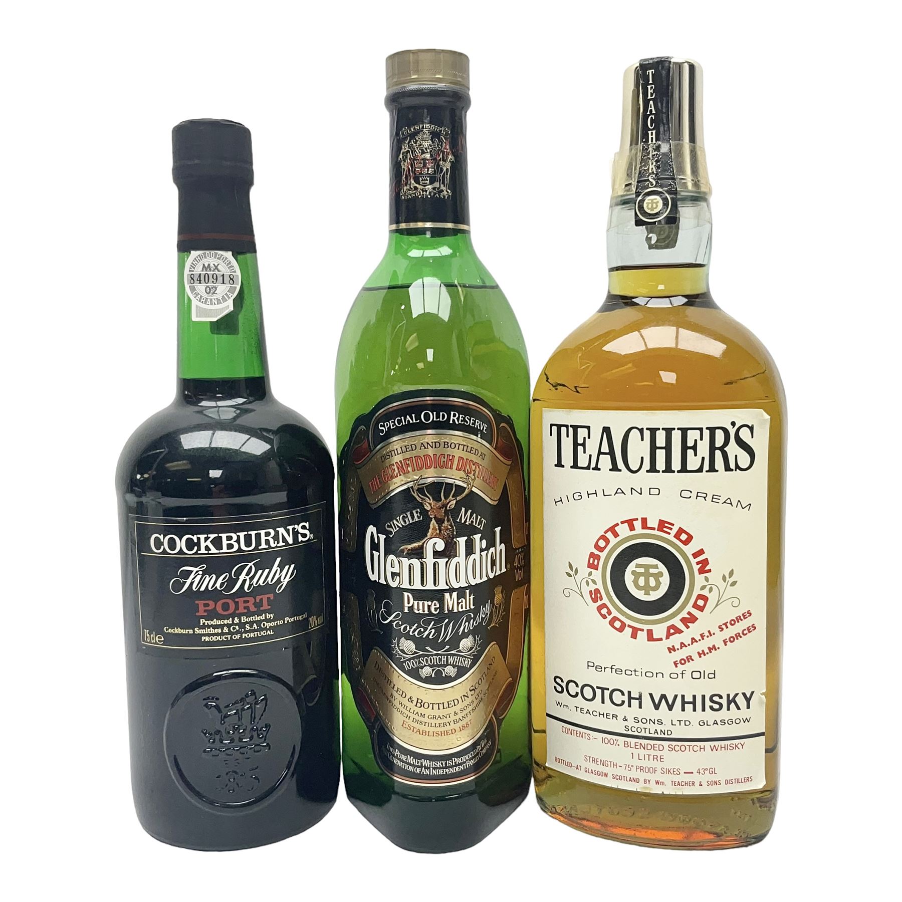 Mixed alcohol, comprising Glenfiddich special old reserve Scotch whisky, Cockburns fine ruby port and Teacher's blended Scotch whisky,  of various contents and proofs (3)