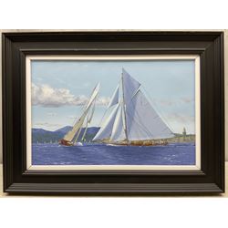 James Miller (British 1962-): 'Tuiga and Mariquita off Saint-Tropez', oil on canvas signed, titled verso 28cm x 42cm