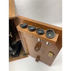Charles Perry binocular microscope 'Classic No 1', with pitchfork base and rack and pinion focusing, in original fitted mahogany case with additional lenses, H44cm