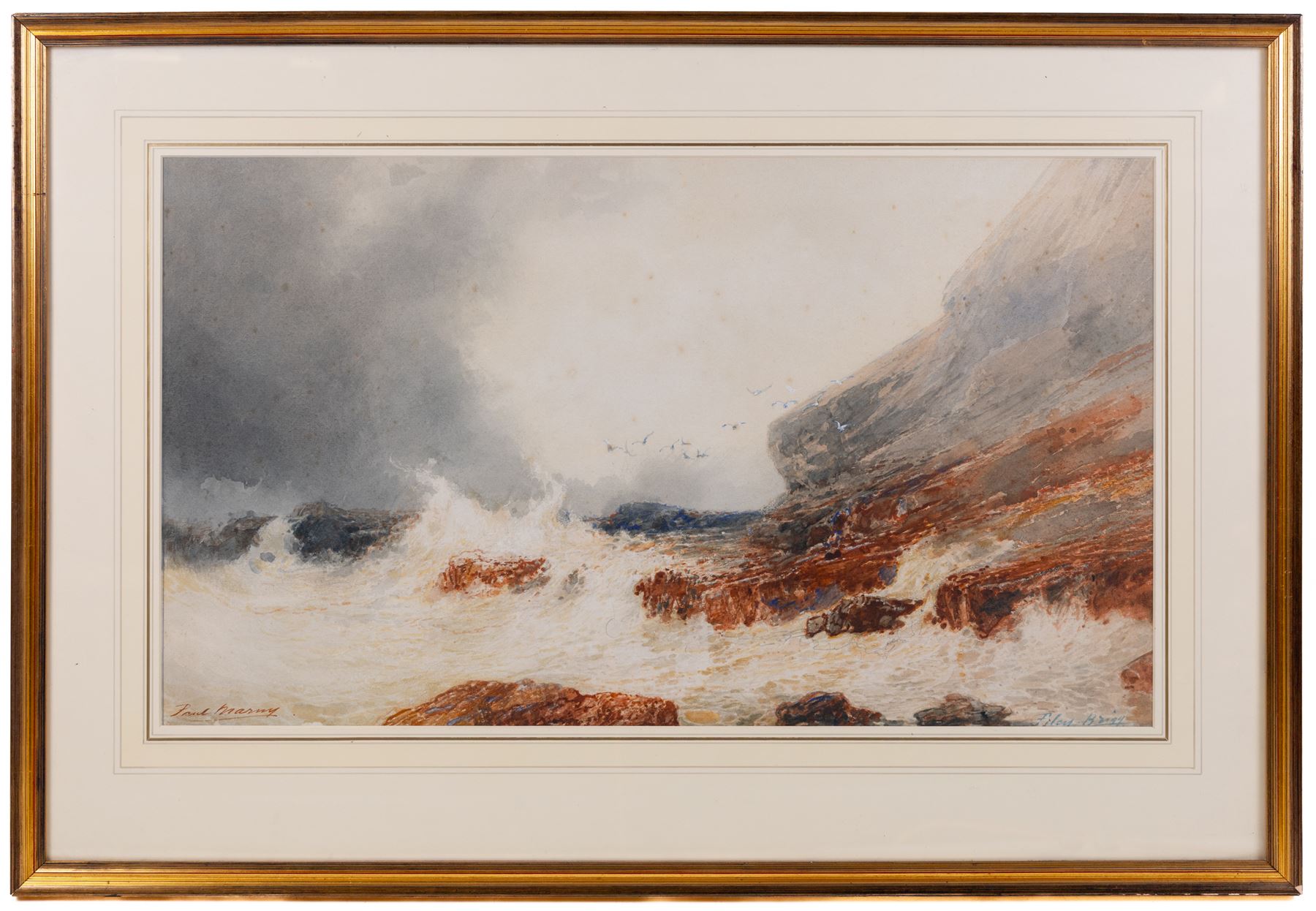 Paul Marny (French/British 1829-1914): Rough Seas off 'Filey Brigg', watercolour signed and titled 38cm x 65cm