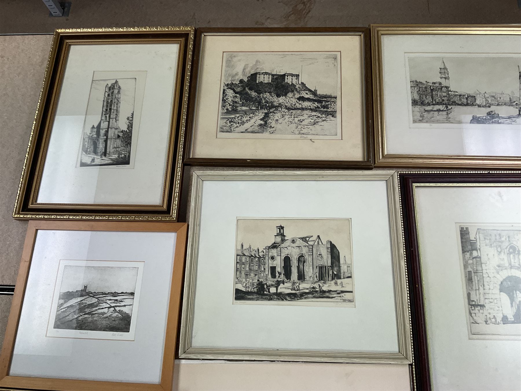 Collection of etchings, artists including Herbert Gordon Warlow, Henry Percy Huggill, David Robertson, Eliab George Earthrowl, Kevin Brown, Geoffrey Heath Wedgwood, Louis Conrad Rosenberg, Frank Brangwyn, Martin Hardie, John Shapland, Oliver Hall, Sydney Mackenzie Litten, Percy Lancaster, Willie Rawson, etc (18)