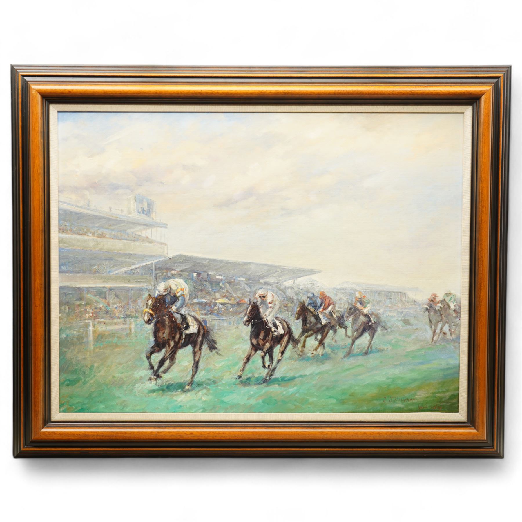 Johannes Josephus Hovener (Dutch 1936-): To the Finish Line - York Racecourse, oil on canvas signed inscribed and dated '87, 59cm x 79cm
Provenance: Mount Royale Hotel, York
