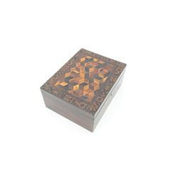 19th century Tunbridge ware marquetry box, the hinged cover decorated with tumbling blocks in specimen timbers and hardwood, within a star border, H10cm W23.5cm D18cm