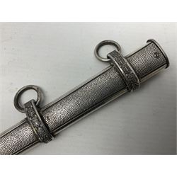 Late WW2 German Army Officers dress dagger, with unmarked 25cm double edged steel blade, orange celluloid grip, pommel and ferrule with oakleaves relief and cross guard with eagle; in original beaded scabbard with two hanging rings L39.5cm overall