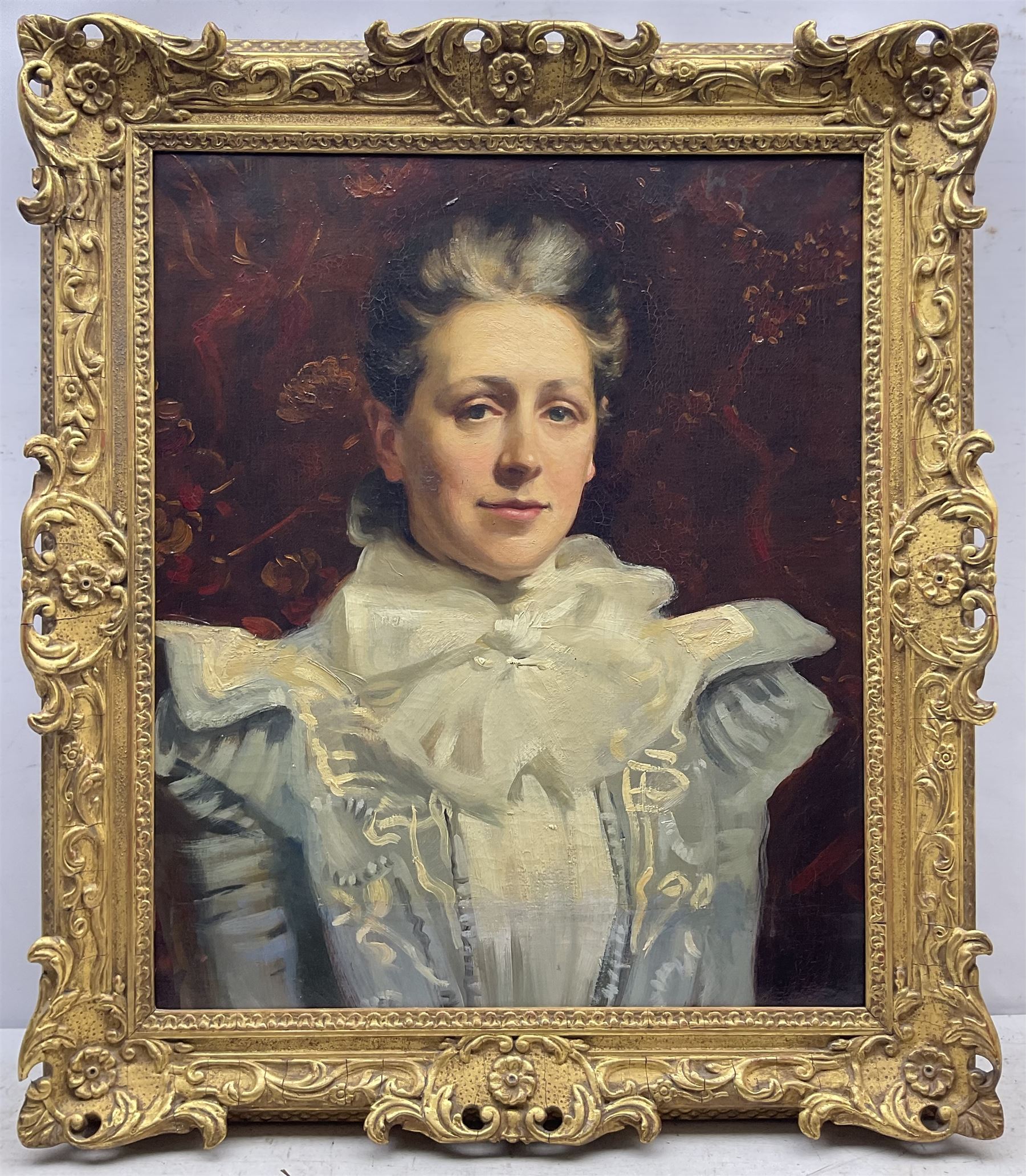 Wilfrid Gabriel de Glehn RA (British 1870-1951): Portrait of an Edwardian Lady, oil on canvas signed u.r., partial Chapman Brothers framer's label verso 63cm x 52cm 
Notes: Chapman Brothers produced frames for many leading artists of the period, including John Singer Sargent, William Orpen, and William Holman Hunt.