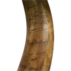American horn with carvings to commemorate Billy Richardson the first Pony Express Rider dated April 1860 mounted on a wooden base 56cm