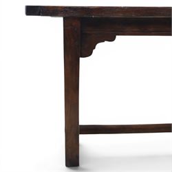 Large country made oak farmhouse dining table, on two plank construction, raised on square supports united by an undertier 