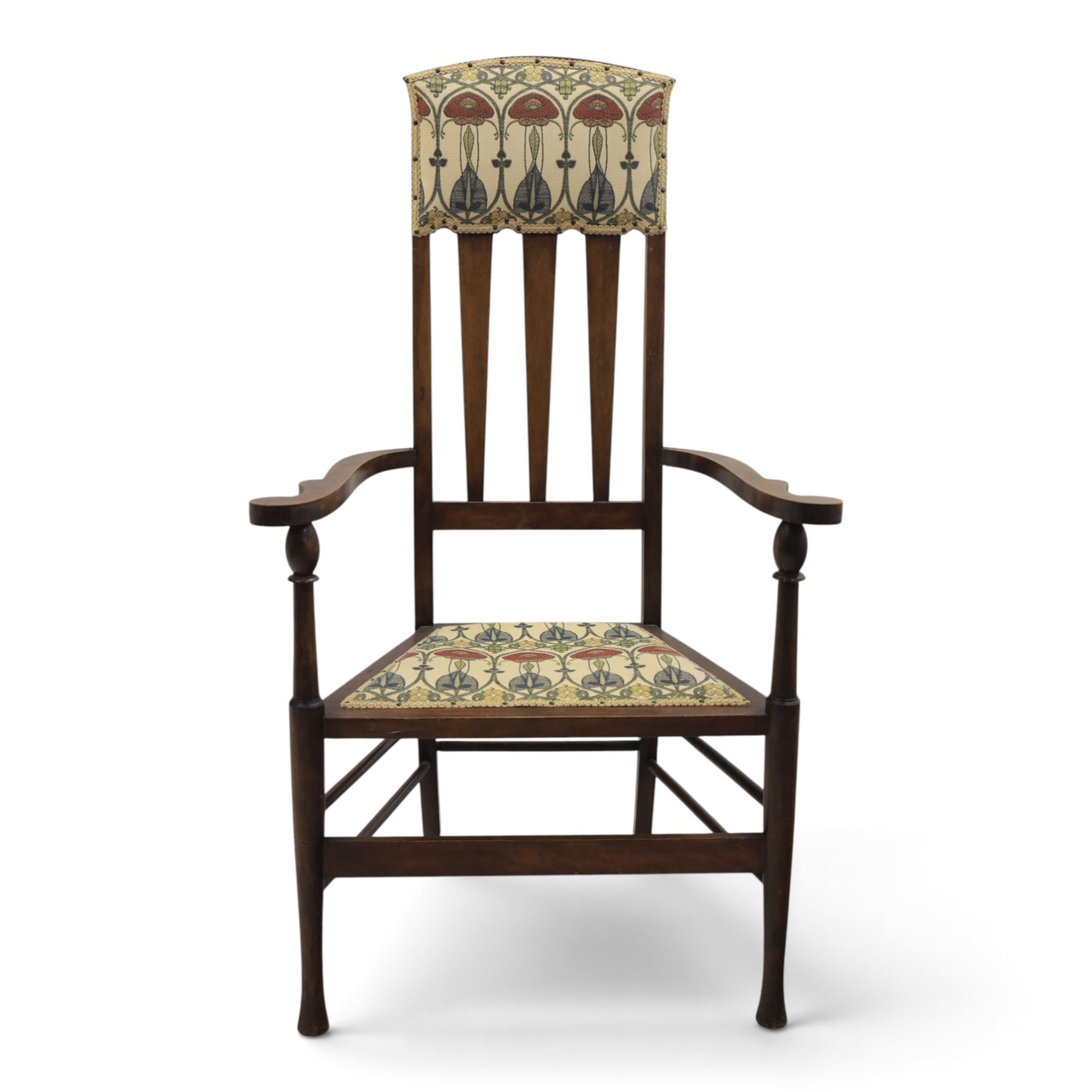 Robson & Sons, Newcastle on Tyne - Arts & Crafts high back armchair, upholstered in Mackintosh style fabric, shaped armrests and cylindrical supports united by stretchers