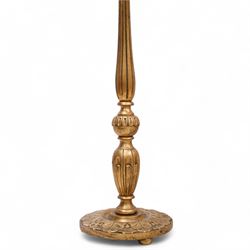 Italian design giltwood pricket stick standard lamp with shade, turned and fluted column on circular acanthus leaf carved base