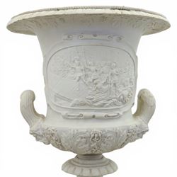 Pair of composite campana urns on stands, the urns decorated with relief figural panels and foliate bands with scrolling handles, on circular socles, the pedestals of square tapering form with moulded edges and applied classical motifs